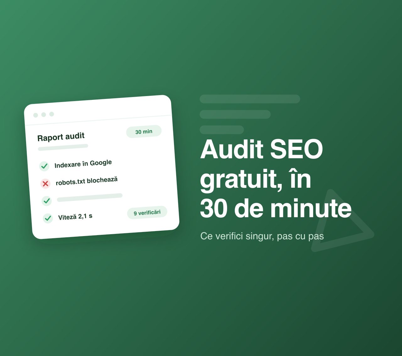 Cover articol: raport de audit SEO gratuit, cu verificările bifate și cronometrul de 30 de minute