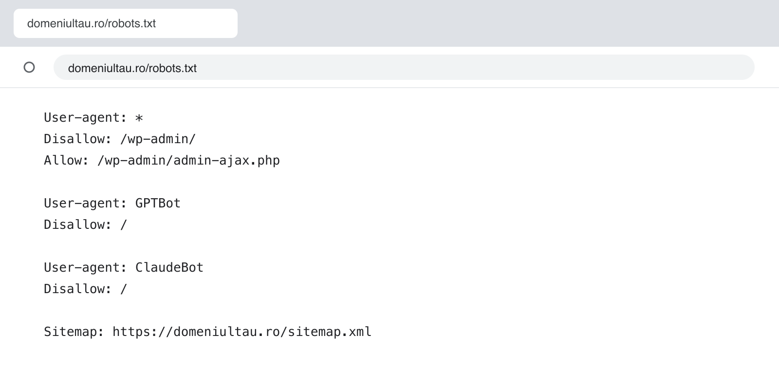 Fișierul robots.txt deschis în browser, cu regulile pentru Google și pentru roboții AI