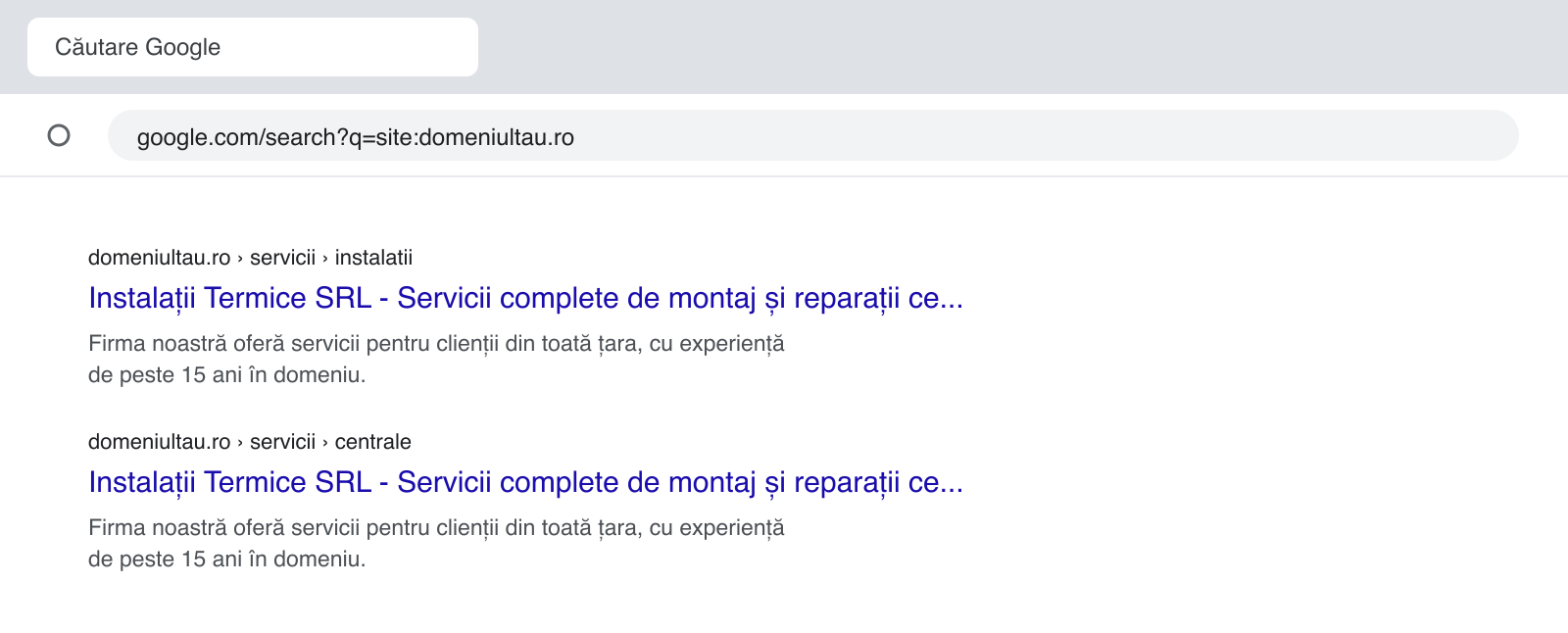 Două rezultate Google cu același titlu, tăiat la afișare