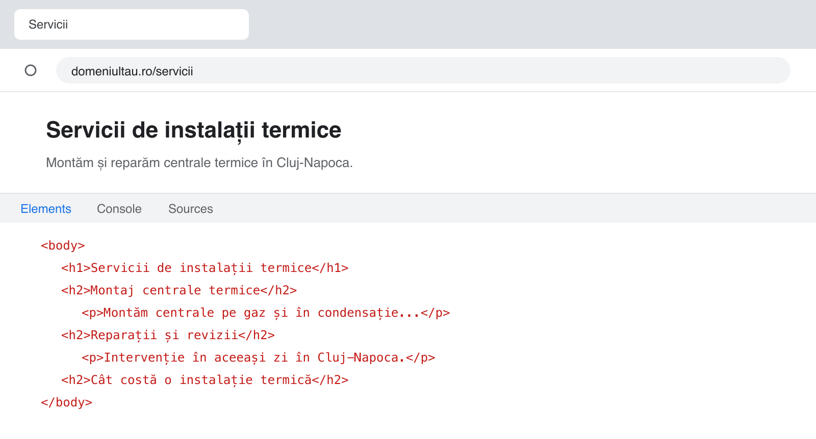 Structura de titluri a paginii, văzută în panoul Elements din browser