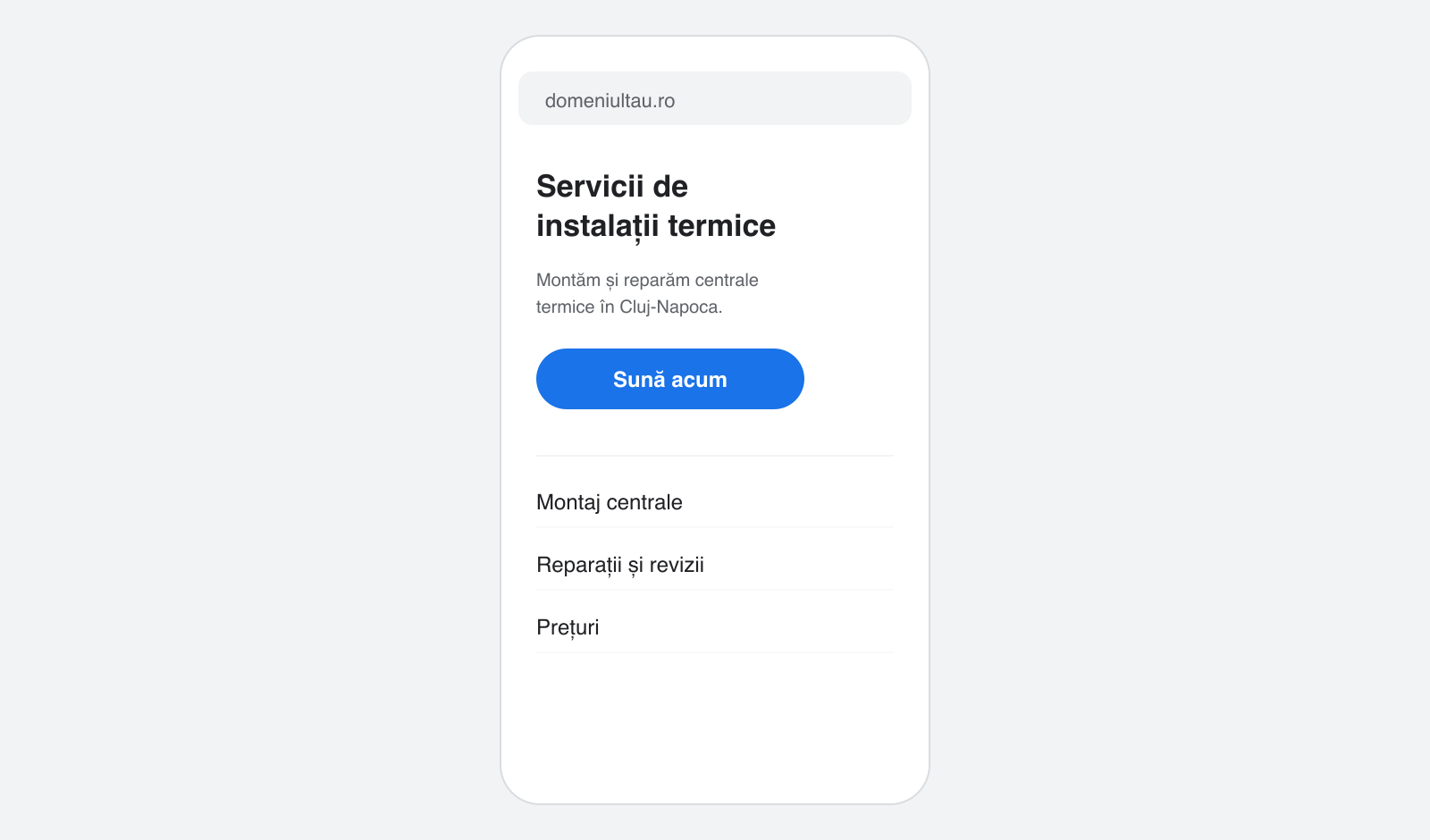 Site-ul afișat pe telefon, cu butonul de apel și lista de servicii