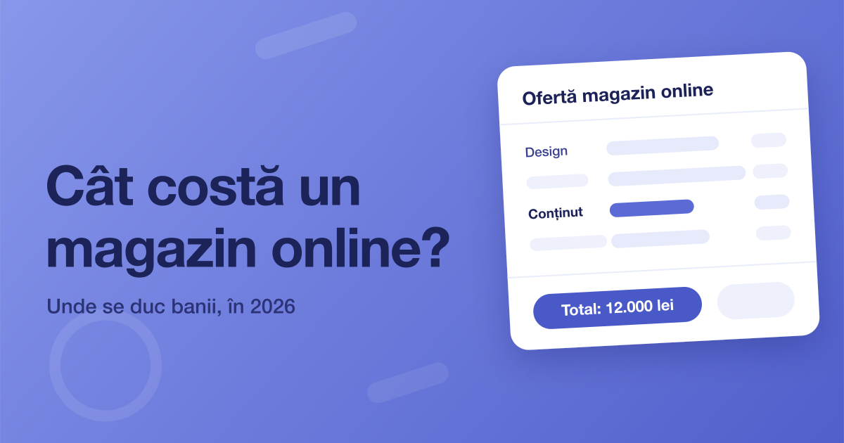 Cover articol: cât costă un magazin online, card cu defalcarea unei oferte și totalul de 12.000 lei, pe fundal indigo