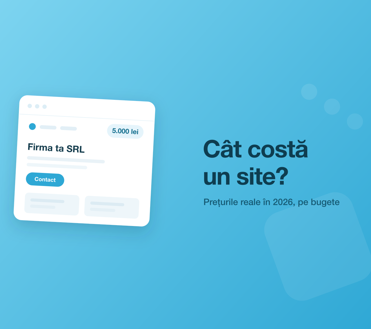 Mockup de site de prezentare cu eticheta de preț de 5.000 lei, pe fundal albastru deschis
