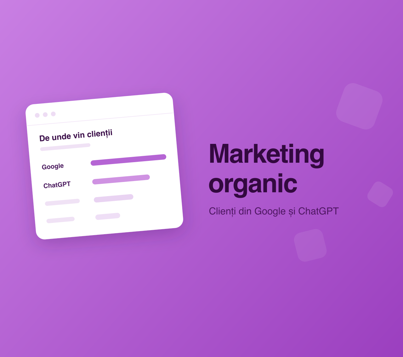 Raport cu sursele de clienți, Google și ChatGPT, pe fundal mov, cu titlul Marketing organic