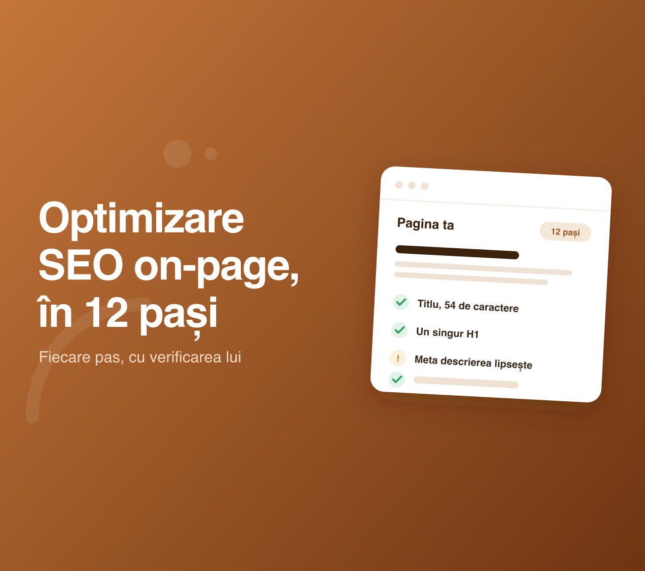 Copertă articol: optimizare SEO on-page în 12 pași, cu un card de verificări bifate