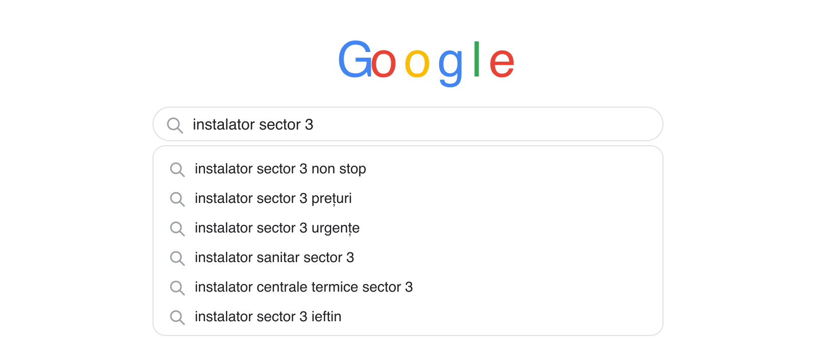 Caseta de căutare Google cu sugestiile pentru instalator sector 3