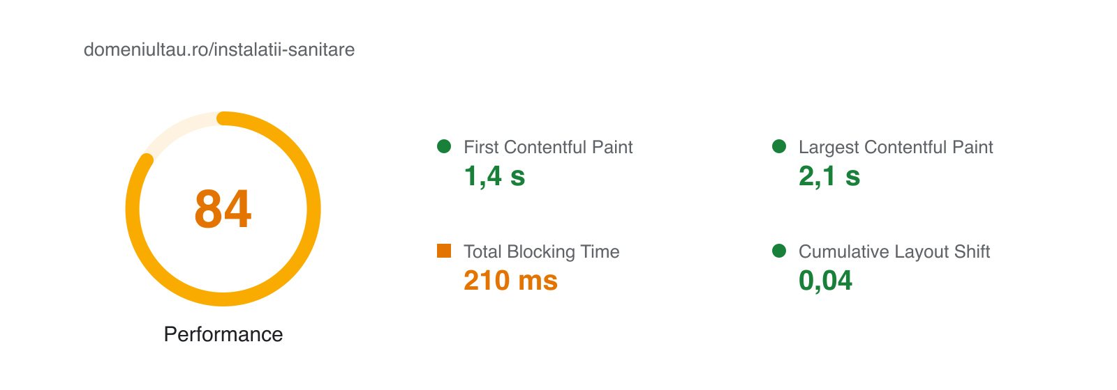 Raport PageSpeed Insights cu scorul de performanță 84