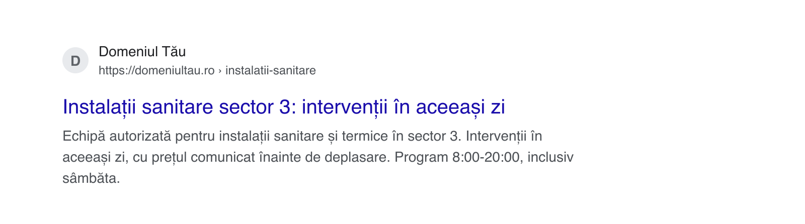 Rezultat Google cu titlul albastru și meta descrierea paginii