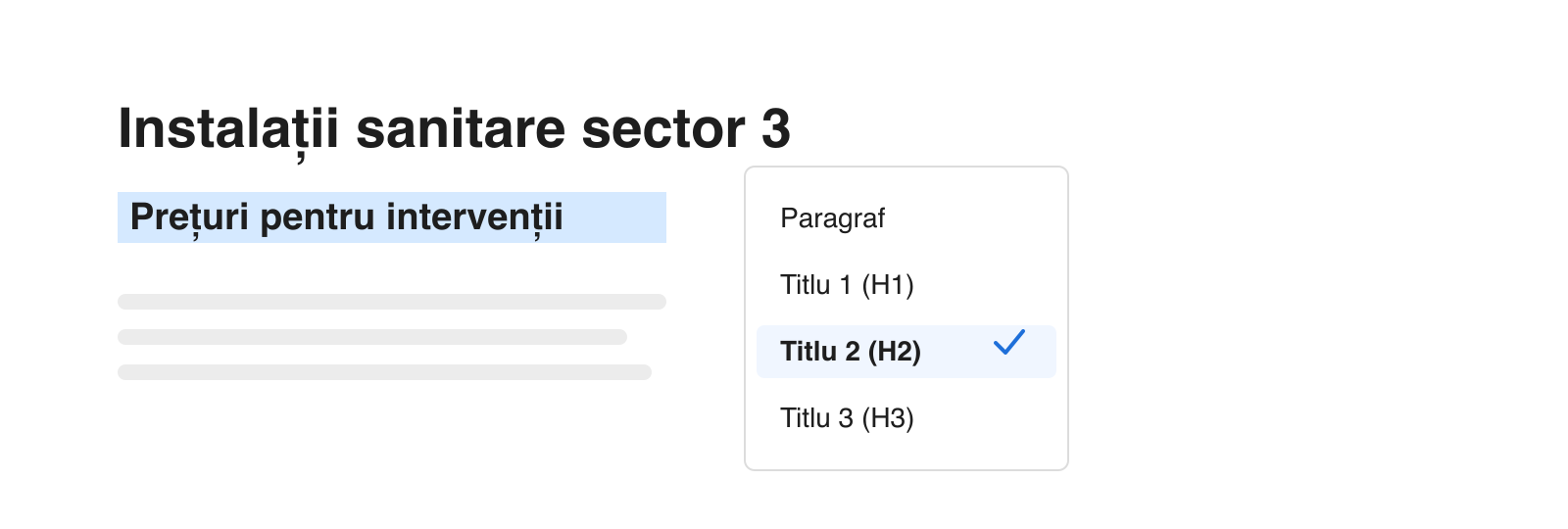 Meniul de titluri din editor, cu Titlu 2 selectat