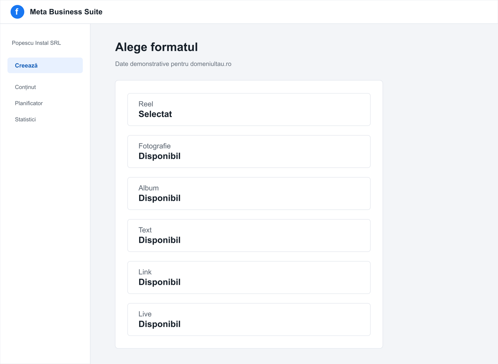 Formate de postări disponibile pentru o pagină Facebook