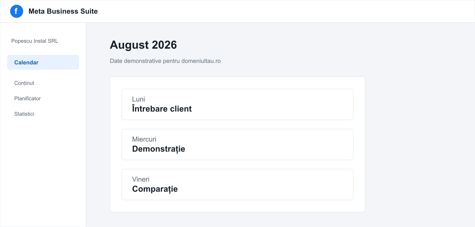 Calendar neutru cu o serie de postări pentru Facebook
