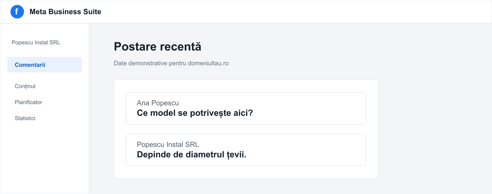 Panou neutru cu întrebări și răspunsuri la o postare Facebook