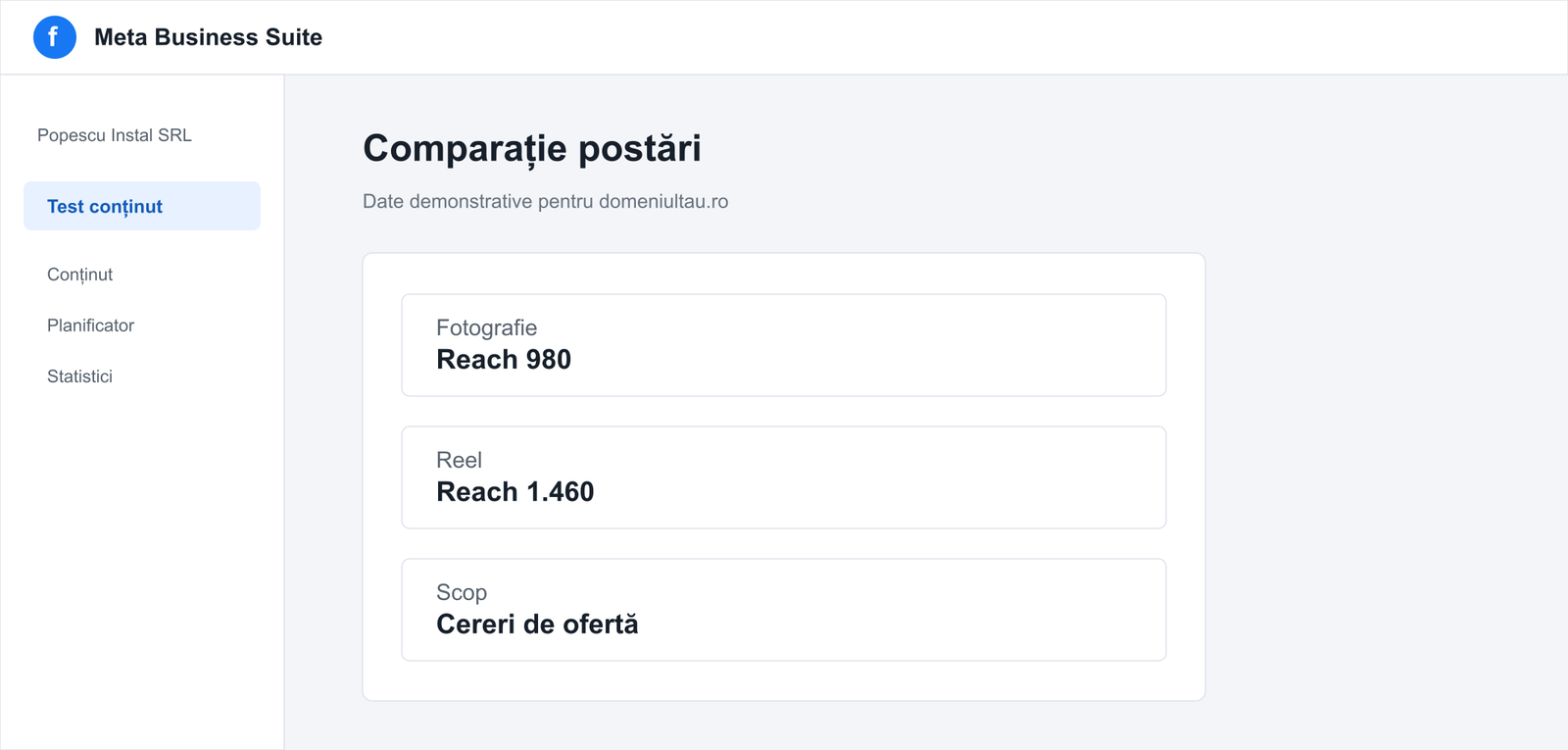 Tabel neutru pentru compararea postărilor organice pe Facebook