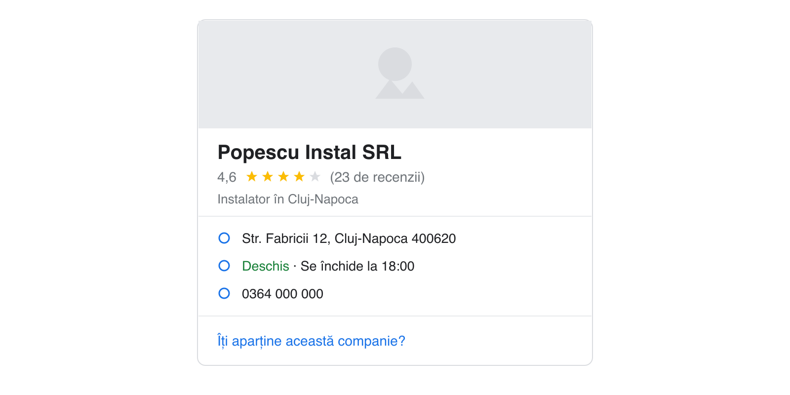 Fișa Google a unei firme, cu linkul Îți aparține această companie
