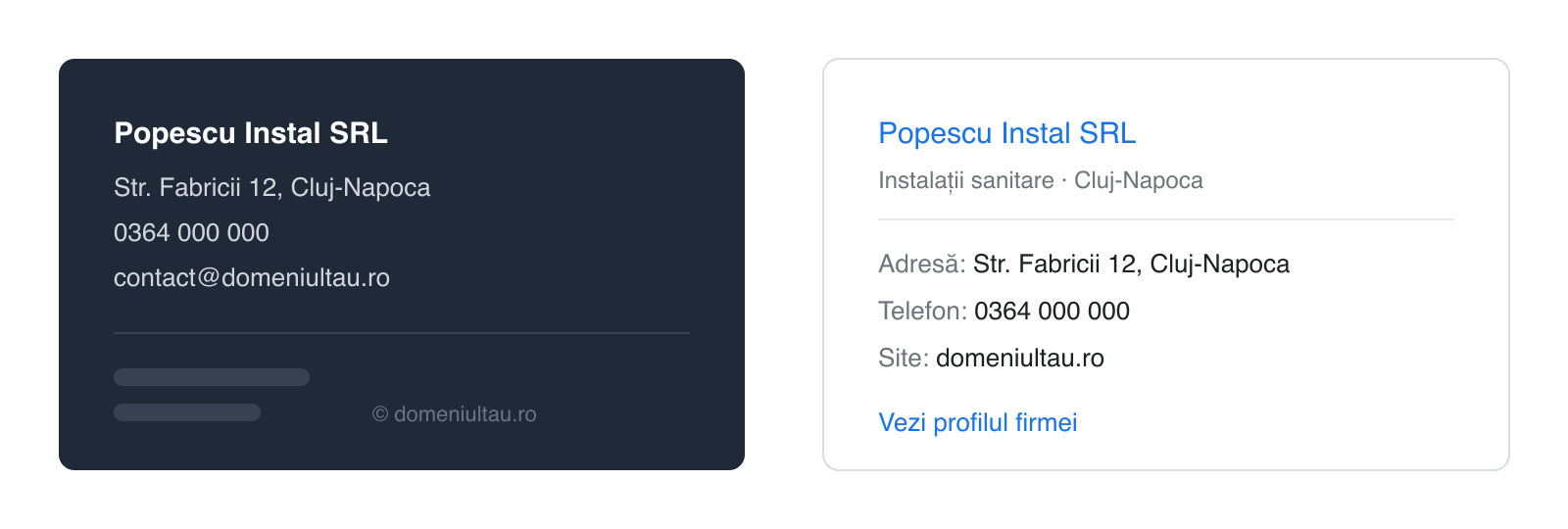 Aceleași date de contact în footerul site-ului și într-un director de firme