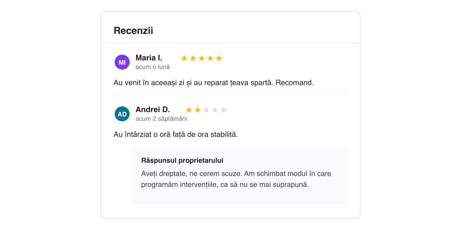 Două recenzii Google, una negativă, cu răspunsul proprietarului