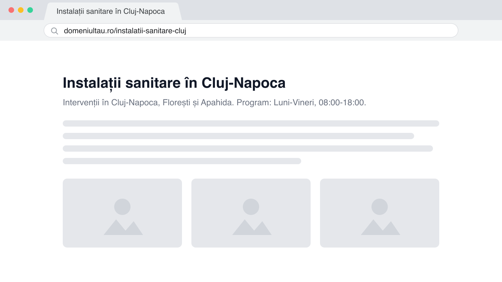 Pagină de serviciu local cu orașul în titlu, deschisă în browser