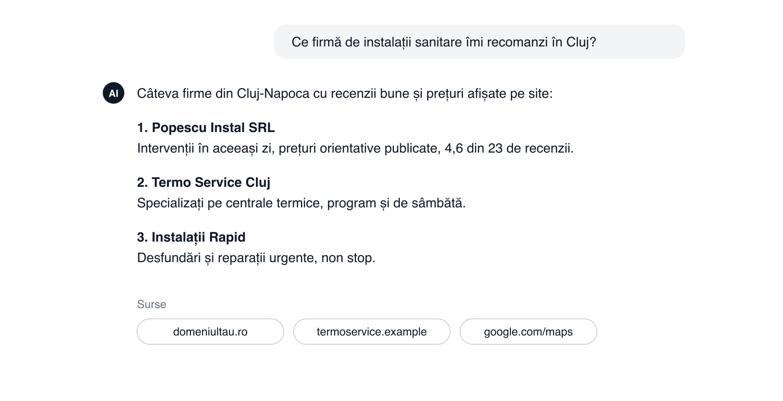 Răspunsul unui model AI la o întrebare de recomandare, cu sursele citate sub el
