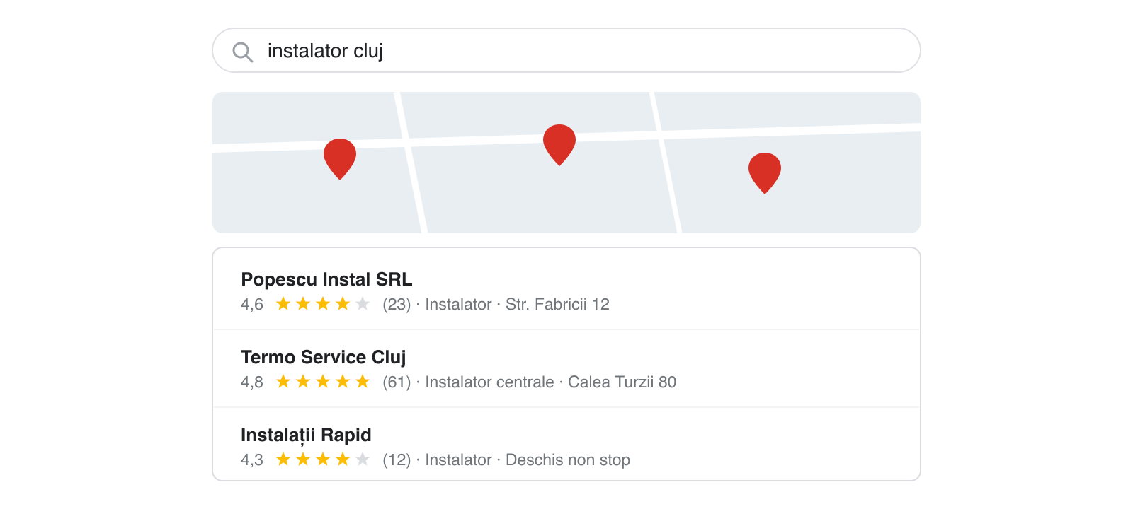 Harta din Google cu 3 firme locale și recenziile lor, la căutarea instalator cluj