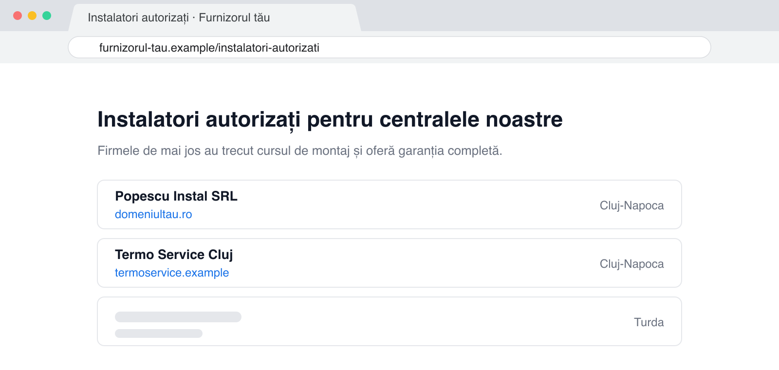 Pagina de instalatori autorizați a unui furnizor, cu link spre site-ul firmei