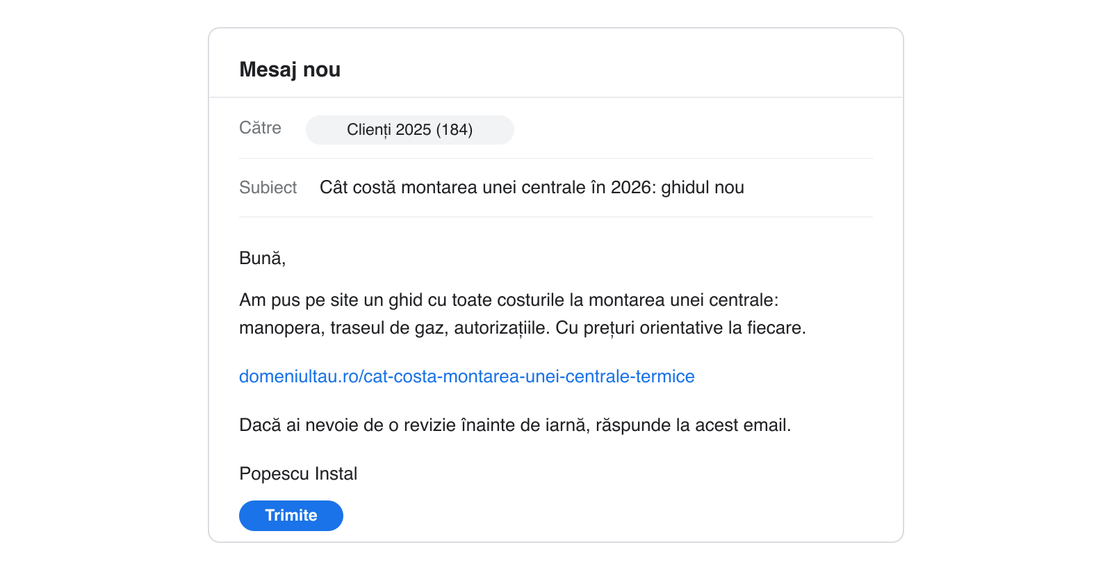 Un email simplu către clienții existenți, cu linkul spre ghidul nou de pe site